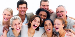 Excited young business people against white background